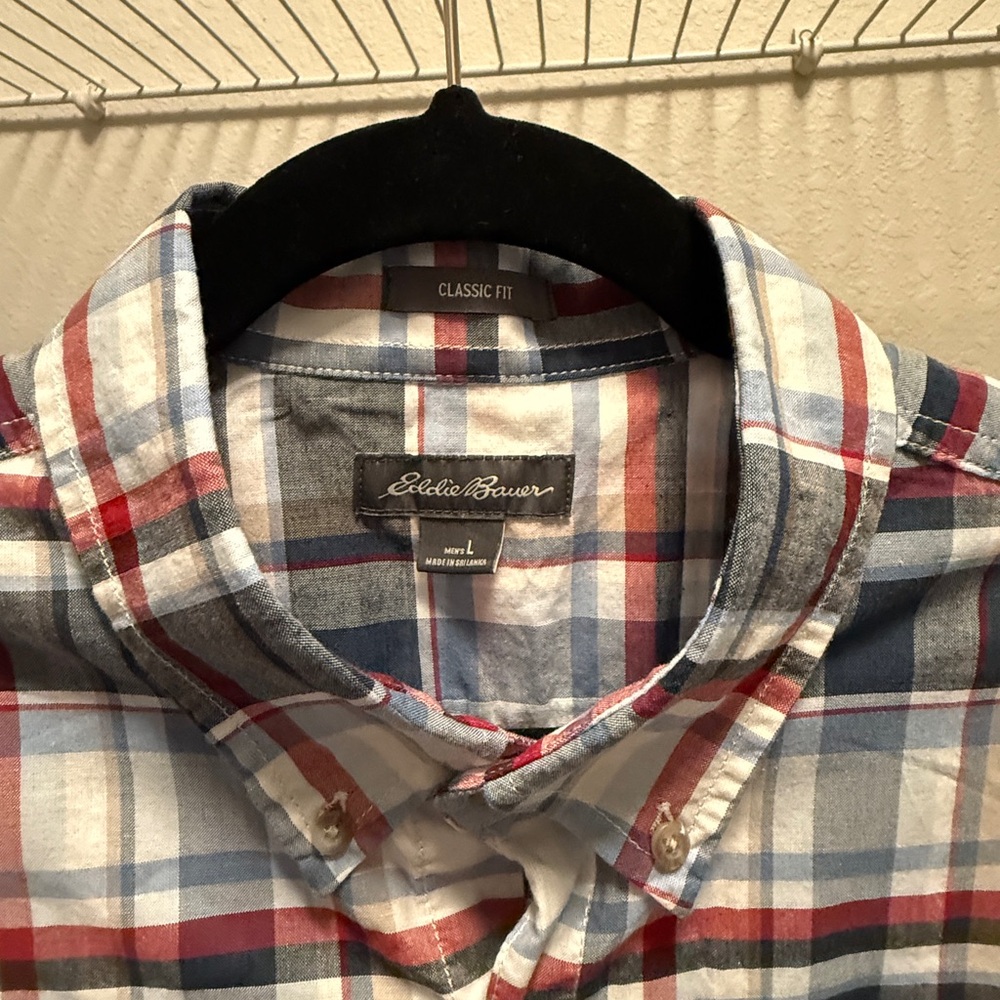 Eddie Bauer Casual Button Down Shirt Red, White and Blue